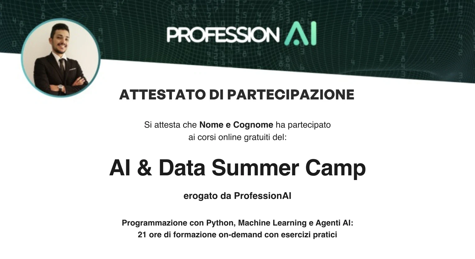Attestato di partecipazione AI & Data Summer Camp