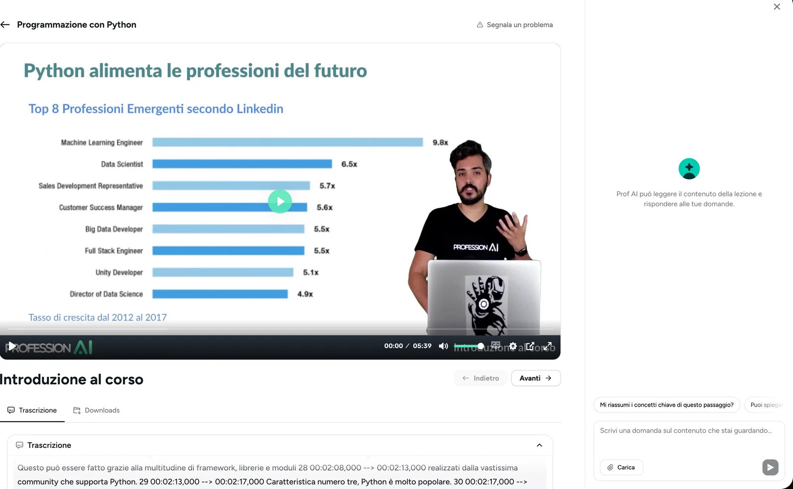 Una lezione del Summer Camp sulla piattaforma: video del docente del corso Python e pannello ProfAI che risponde alle domande sulla lezione